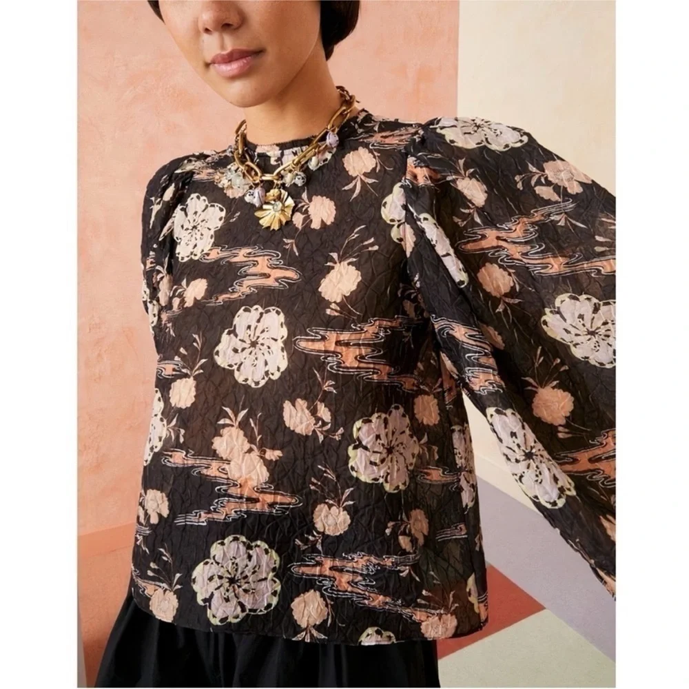 Ulla Johnson Eliza Blouse‎ Onyx Silk Blend Puff Sleeve Floral Top Size 4 Small